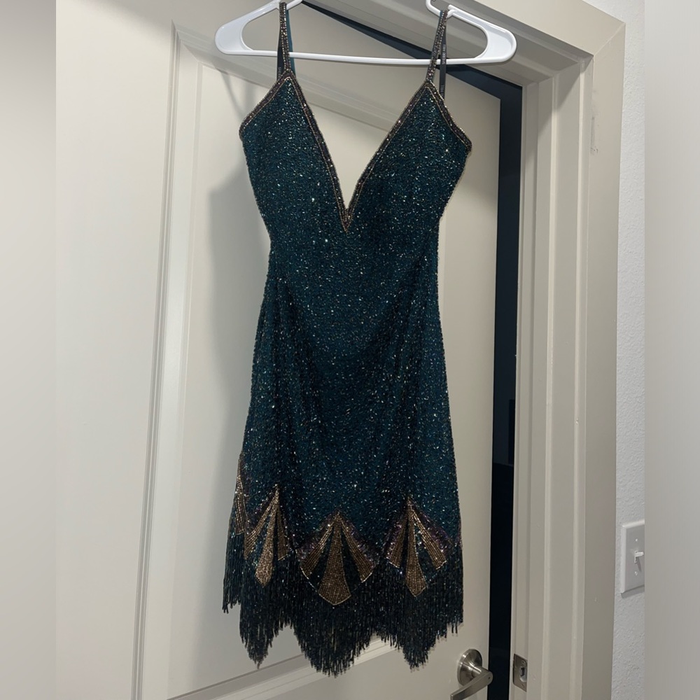 Sherri Hill Green Fringe Sequin Cocktail Dress
